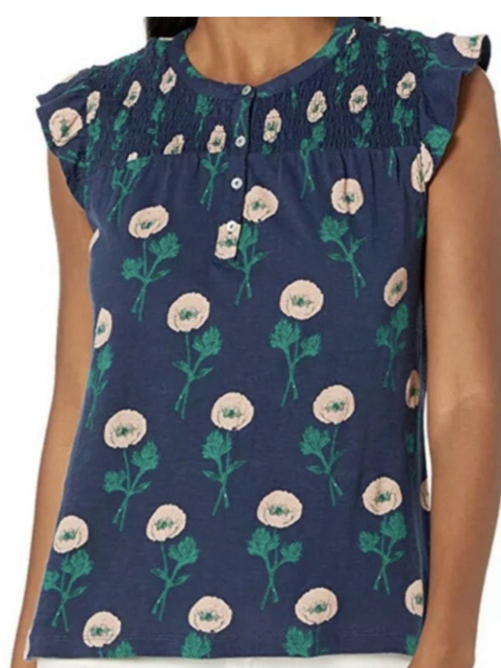 Lucky Brand Navy Floral Smocked Yoke Top Size Large